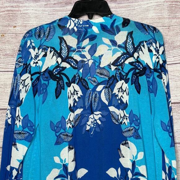 Chico's Blue & White Floral Open Front Long Sleeve Midi Cardigan Size Large New - Picture 12 of 12